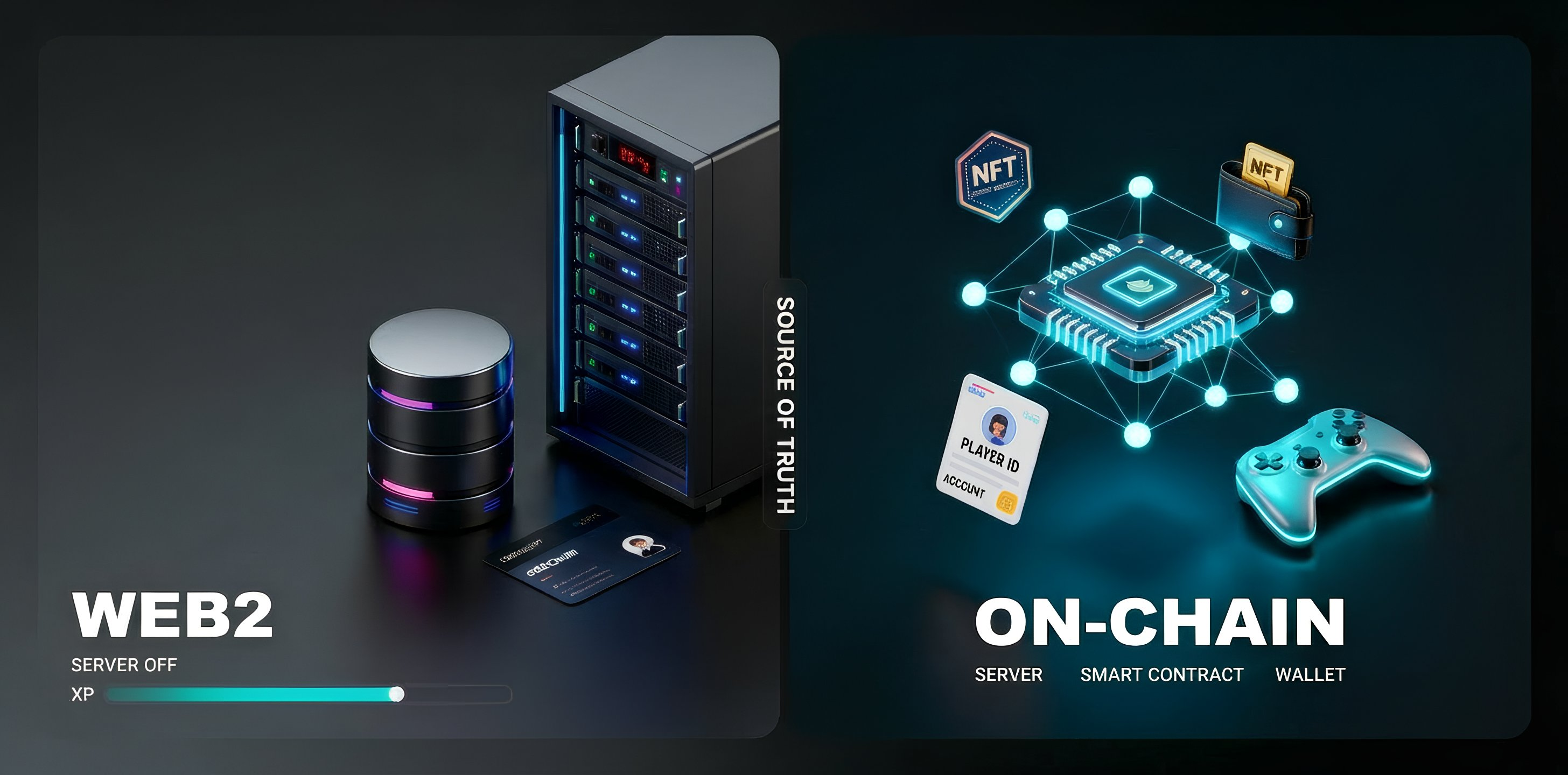 On-chain vs Web2 games: a visual comparison — on the left, Web2 with a server and progress that stops when “server off”; on the right, on-chain with a blockchain, a smart contract, a wallet, and NFTs that remain with the address owner.