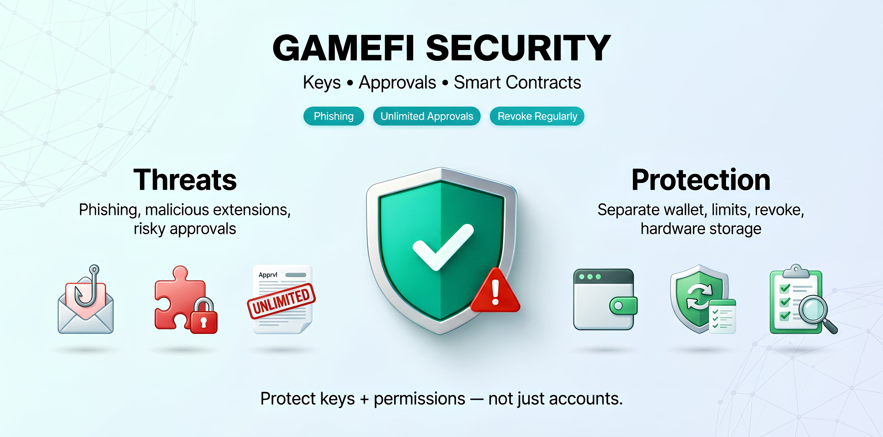 GameFi-Sicherheit: Kernrisiken (Phishing, bösartige Extensions, gefährliche approve) und praktische Schutzmaßnahmen — separate Wallet, Berechtigungslimits, revoke und Cold Storage.