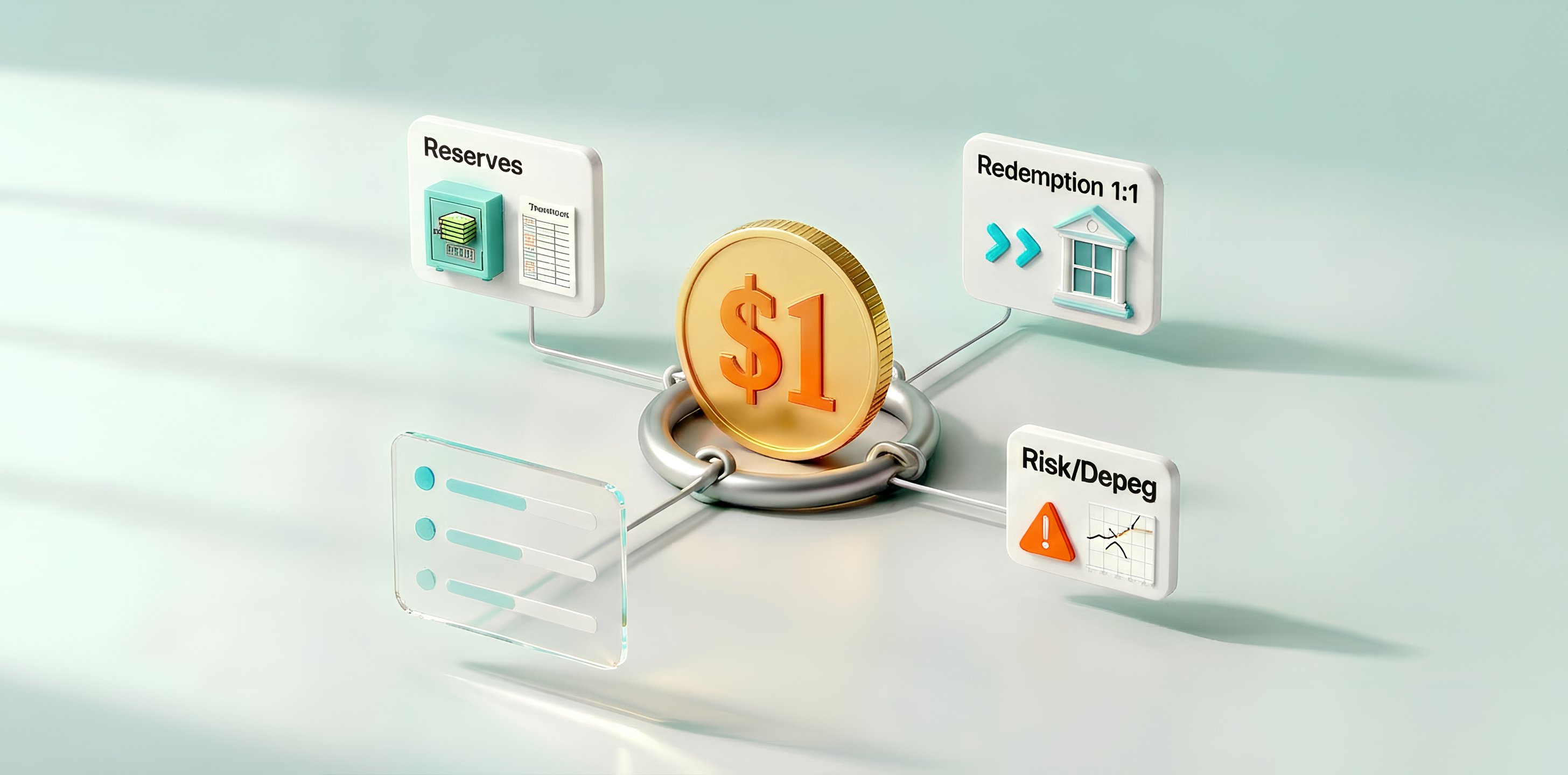 3D cover for a stablecoin article: how the $1 peg works, backing models, 1:1 redemption, and where depeg risks come from.