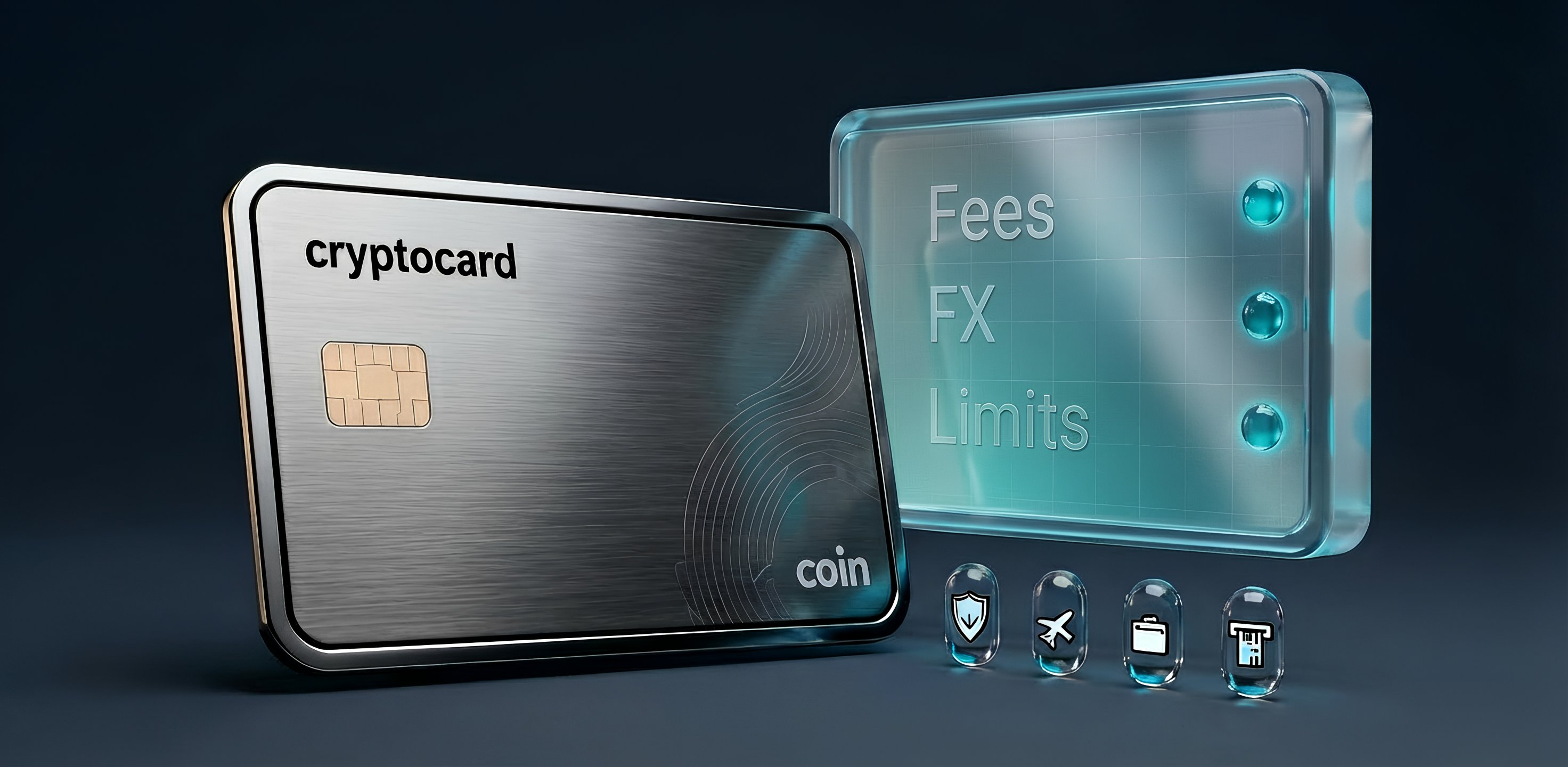 Criptocartão premium e um painel de comparação em vidro: taxas (fees), markup de FX e limites — uma metáfora visual para escolher um criptocartão pelo custo real e pelas regras de uso.