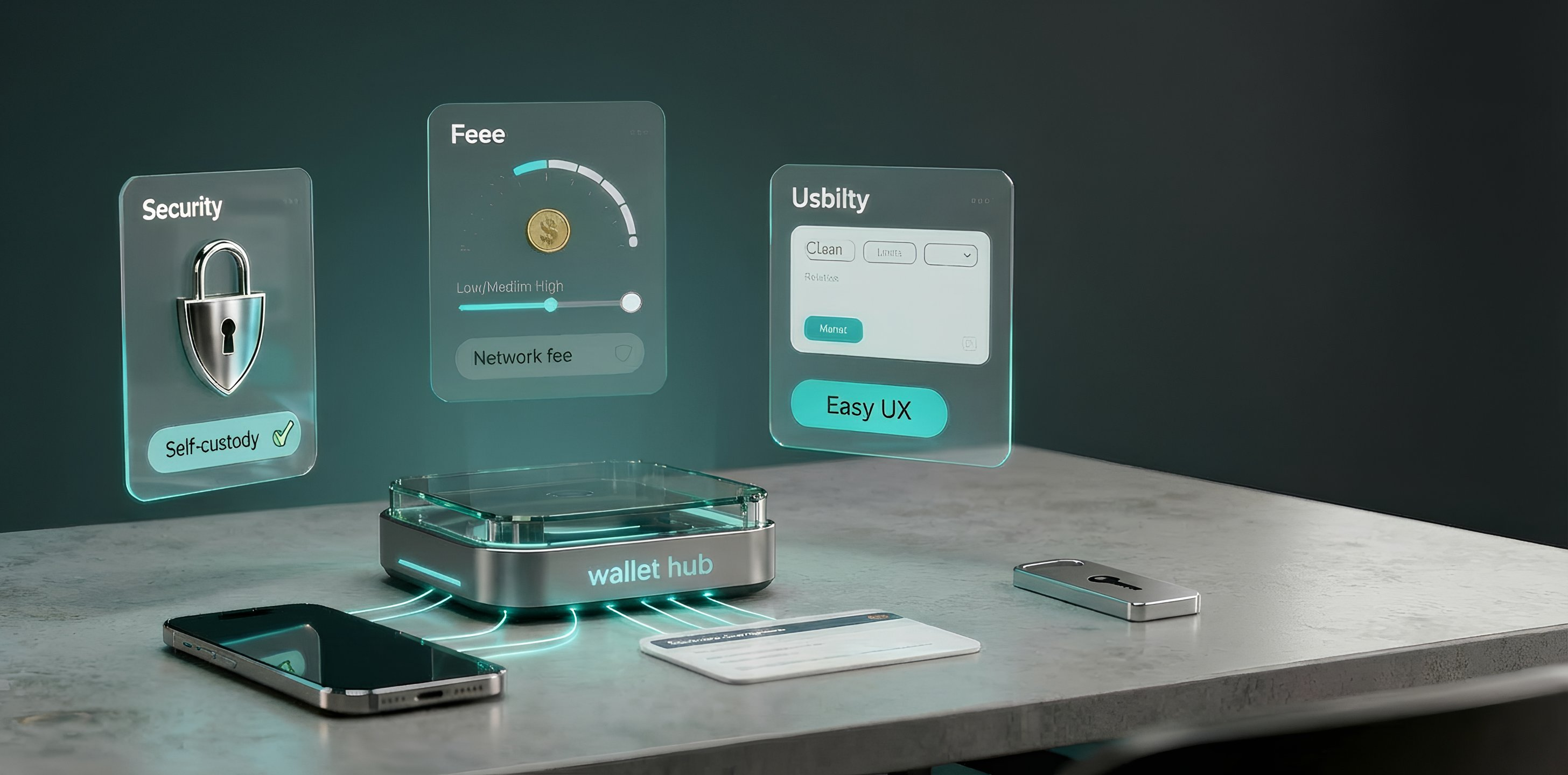 3D-Banner: „wallet hub“ und Smartphone, darüber die Panels Security, Fee und Usability — Kriterien für die Auswahl eines Krypto-Wallets.