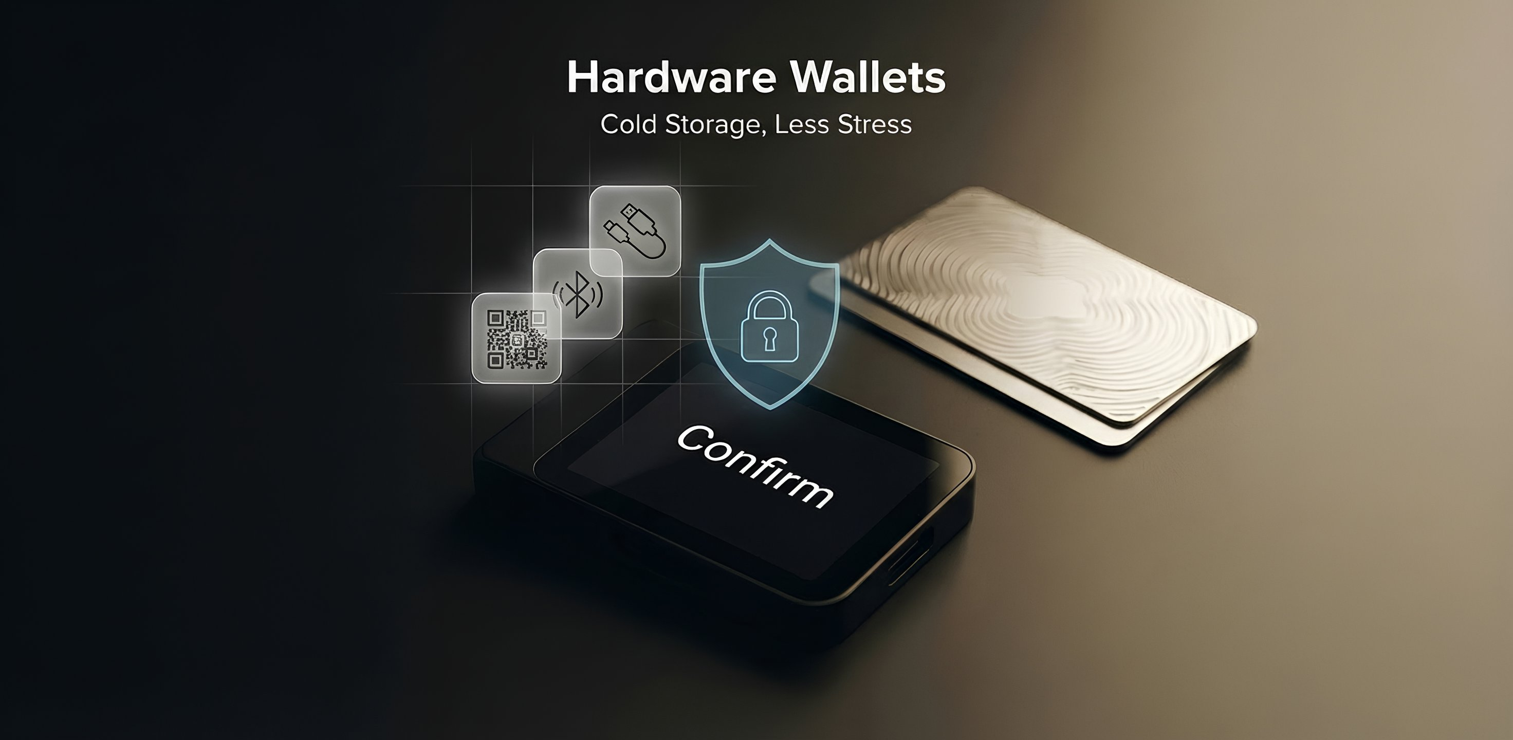 3D-Illustration eines Hardware-Krypto-Wallets: Transaktionsbestätigung auf dem Bildschirm, daneben ein metallisches Seed-Backup und Symbole für USB/Bluetooth/QR — Cold Storage und Datenprüfung auf dem Gerät