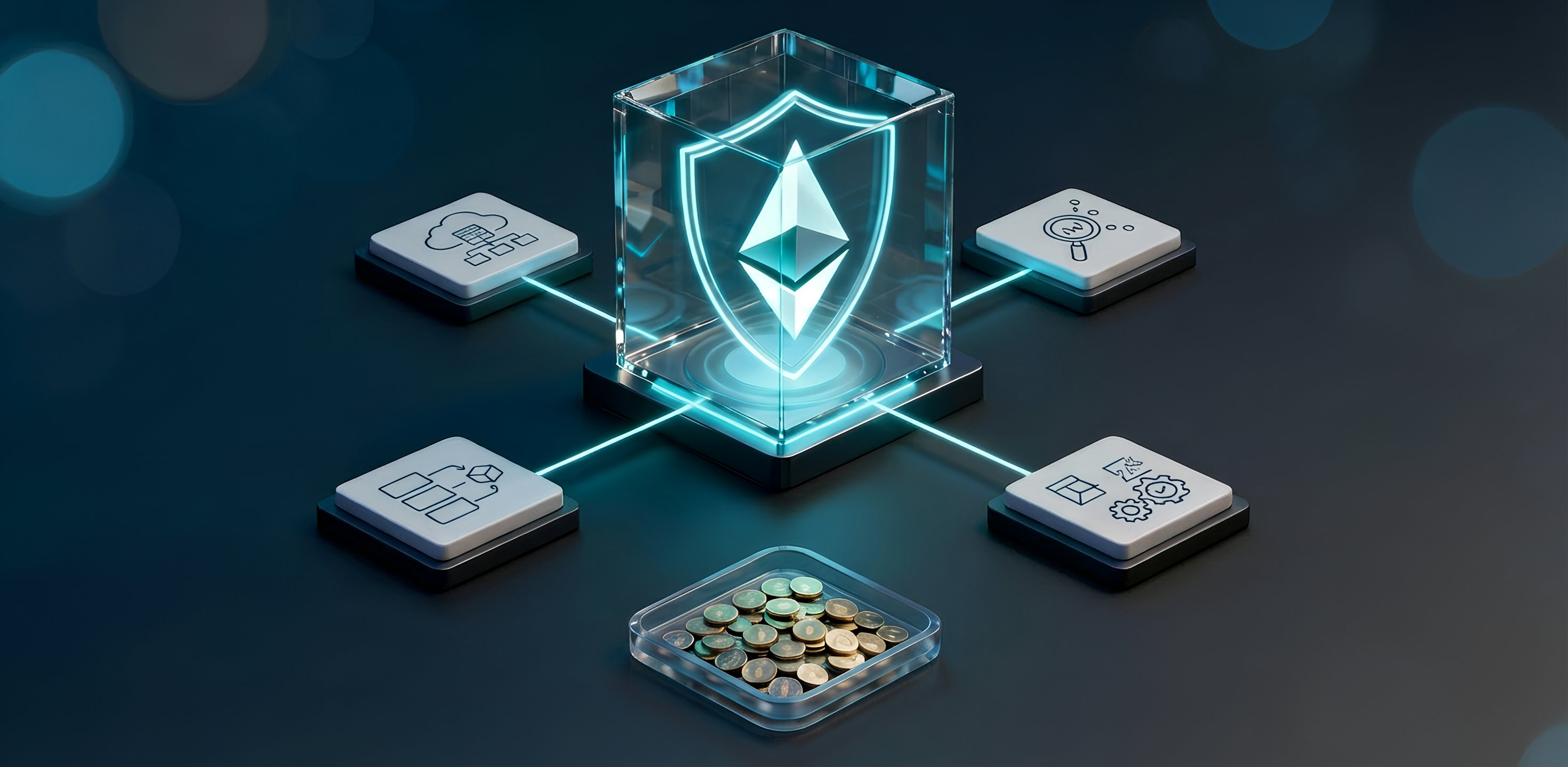 Premium 3D illustration of restaking in Ethereum: the Ethereum security core (ETH) in the center, connected AVS modules around it, and a restaked ETH collateral layer showing how EigenLayer extends staking security to external services.