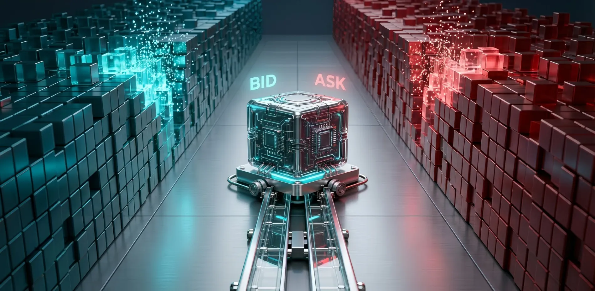 3D libro de órdenes: muros de liquidez BID/ASK y un núcleo algorítmico central que resalta el spread y la desaparición de la profundidad
