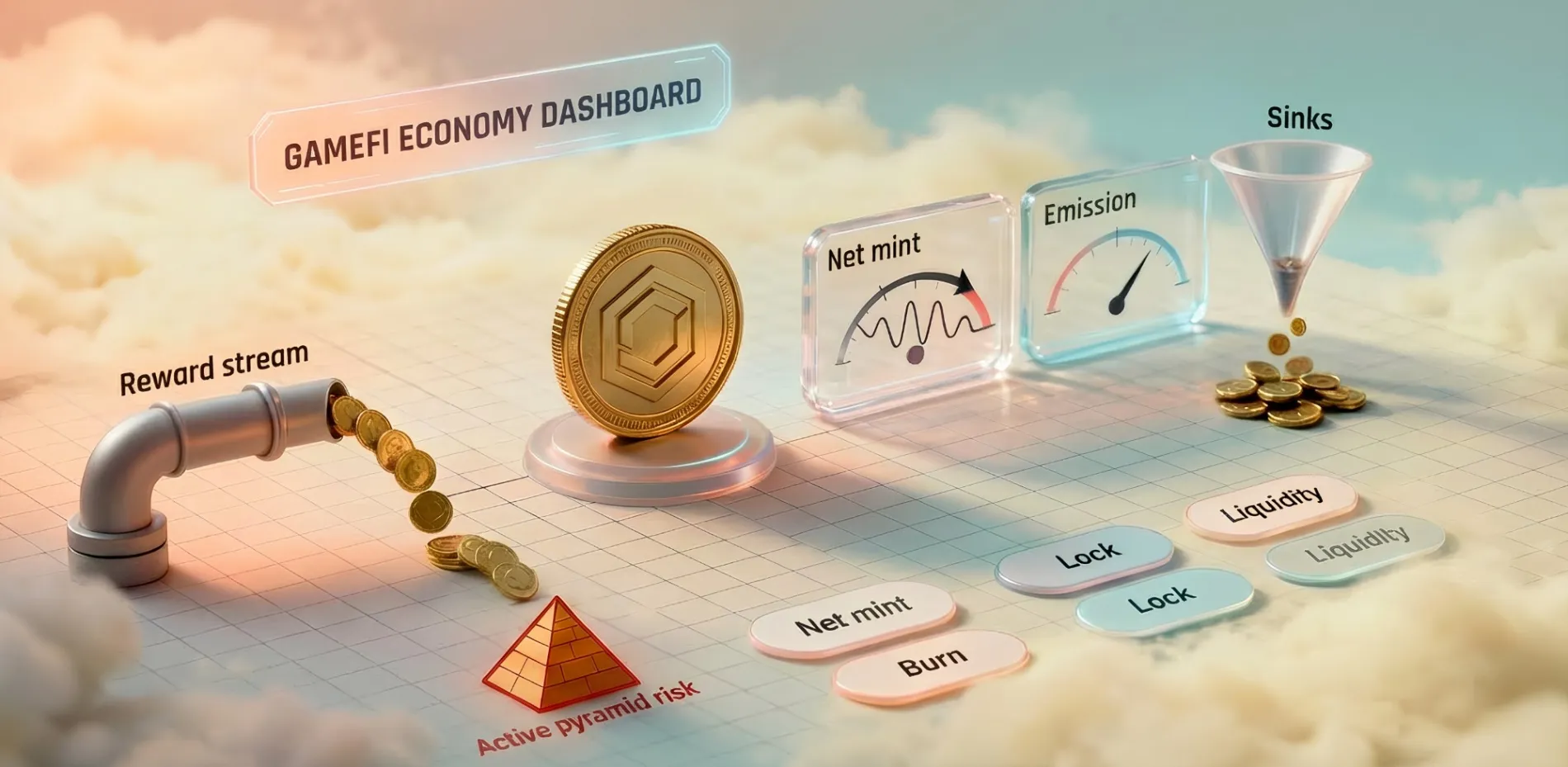 GameFi Economy Dashboard: ödül emisyonu, net mint, sink mekanikleri, likidite ve aktifler piramidi riski
