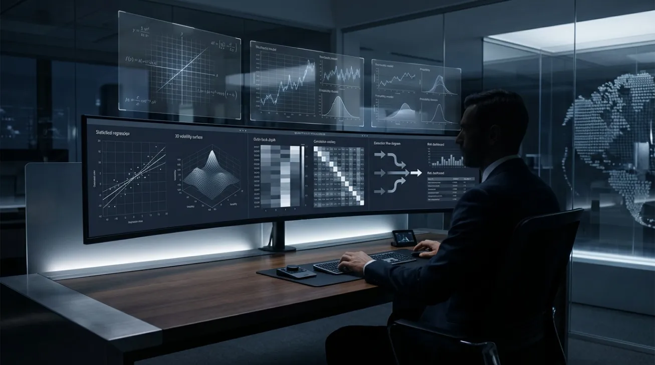 Quant trader alla scrivania con schermi di modelli statistici e dati di mercato